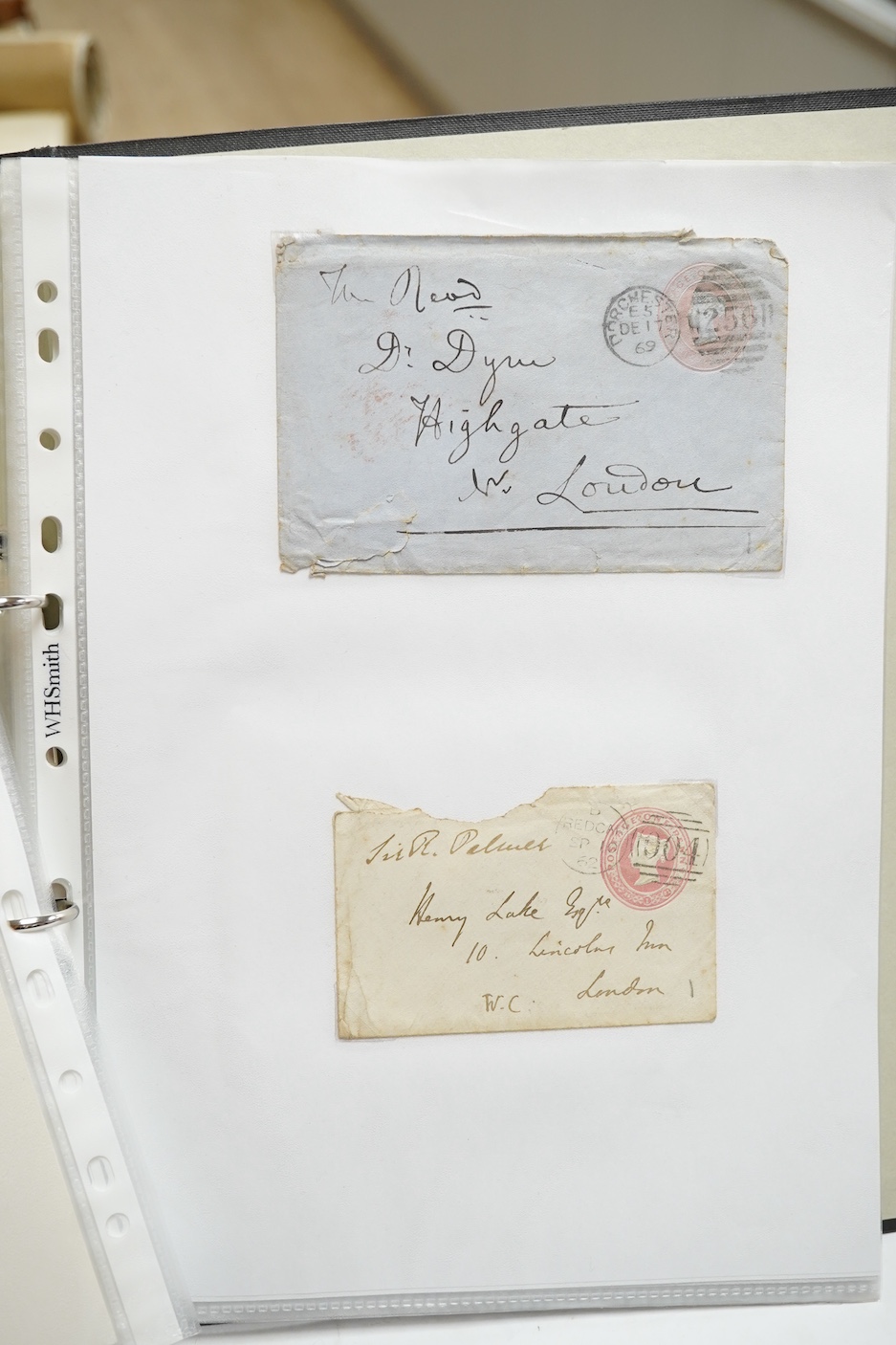 A collection of fifty early nineteenth century Georgian and Victorian franked postal covers, Victoria pre-paid ‘letter cards’ and post cards, railway Dividend Statement, Registered Letters, Fire Office statements, letter